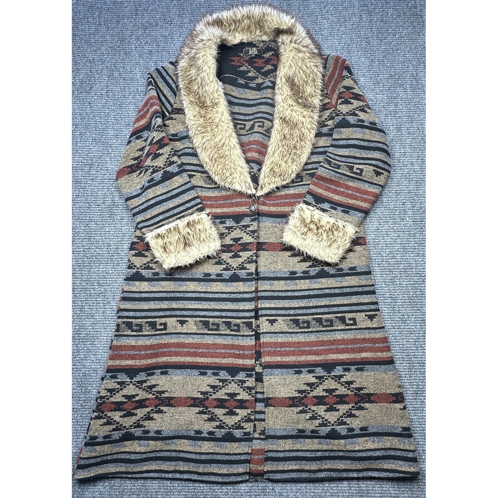 Lucky & Blessed‎ Coatigan Womens 2X Beige Aztec Western Faux Fur Collar Cuffs